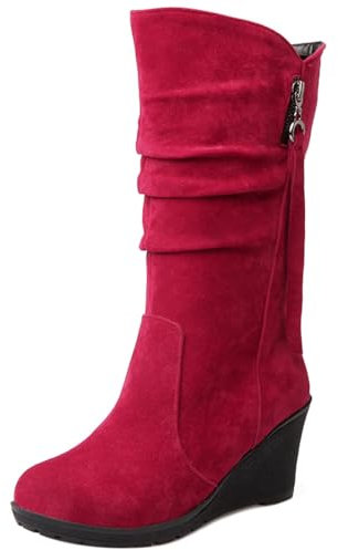 Joliss Donna Zeppa Stivali a Metà Polpaccio Punta Rotonda Stivali Slip-On Warm Inverno Lining Stivali Morbidi Rosso-Dl Numero 45 EU/47Cn