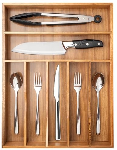 Conflech Silverware Organizer Acacia Kitchen Drawer Organizer Utensil Organizer Silverware Holder Cutlery Organizer in drawer Flatware Organizer Tray (Acacia 7 Slots)