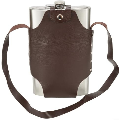 Petaca portátil de acero inoxidable de 64 onzas, 1800 ml, botella de metal grande con cubierta de cuero para exteriores, camping