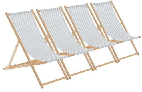 Harbour Housewares Folding Wooden Deck Chairs – Sage Grey Stripe – Pack of 4 – Adults Traditional Foldable Reclining Outdoor Canvas Sun Lounger Chair Seat for Garden Patio, Beach, Camping