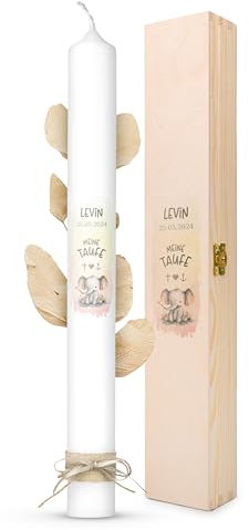 AMARI ® Taufkerze personalisiert Elefant Herz (002.10.06) H:40cm/⌀:4cm - Taufkerze Mädchen/Junge - Kerze selber gestalten Taufe - Taufkerze selber machen - Taufkerze mit Namen