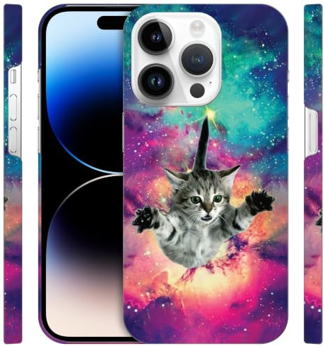 GlamCase for iPHone 14 Pro, iPHone 14 Pro Case - Hipster Flying Cat Space Galaxy Design Printed Slim & Sleek Cute Plastic Hard Snap on Protective Designer Back Case/Cover for iPHone 14 Pro