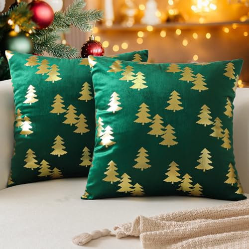 Ohok Weihnachten Gold Heißpräge Samt Kissenbezug, 2er Set Dekorativ Kissenhülle Deko Sofakissen Couchkissen Zierkissenbezüge für Sofa Wohnzimmer Schlafzimmer (Dunkelgrün Weihnachtsbaum, 50x50cm)