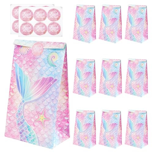 12 Stück Geschenktüten, Meerjungfrau Tüten Kindergeburtstag, Papiertüten Kraftpapier Tüten zum Mitgebsel Kindergeburtstag Verpacken von Geschenken, Giveaways, Geburtstag Deko