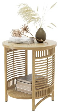 Beistelltisch Rund, Couchtisch, Tischbeine Aus Massivem Holz, Doppelschichtige Lagerung, Schnelle Montage, Wohnzimmertisch Im Boho-Stil, Holzfarbe
