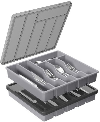 Lifewit Besteckkasten mit Deckel, Besteckaufbewahrung für Küchenschublade und Arbeitsplatte, Besteckkasten für Schubladen aus Kunststoff für Löffel, Gabeln, Messer, 6 Fächer, 2er-Pack, Grau