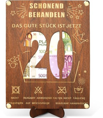 Geldgeschenke 20. Geburtstag aus Holz - 20 x 15cm Mit Ständer und Grußkarte - Witzige Geschenke für Mädchen und Junge