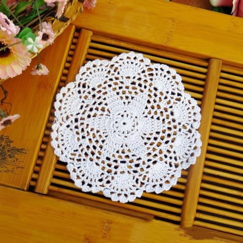 Blausky 4 Stück Runde Bestickte Tischmatte,Häkeldeckchen,Spitzendeckchen Tischset Kleine Häkeln Tischläufer Baumwolle Untersetzer,Tischdecken für Tassen Schalen Teller Vasen Antike,20 cm,Weiß