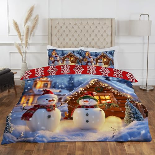 CEDNXOER Schneemann Bettbezug Set 135 * 200cm für Kinder, Karikatur Hölzernes Haus Bettwäsche Jungen Mädchen Weich Atmungsaktiv Microfaser Betten Set mit Reißverschluss und 1 Kissenbezüge 80x80 cm