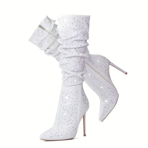 Zhabtuc Stivali al Ginocchio da Donna Stivali Alti al Ginocchio in Finta Pelle Scamosciata 10 cm con Tacco a Spillo e Punta a Punta con Zip Laterale Scarpe Eleganti, Strass argento, 38.5 EU