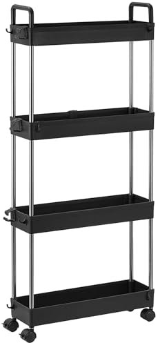 4-Tier Slim Storage Trolley Slide Out Rolling Utility Shelf Rack Storage Cart on Wheels Mobile Shelving Space Organizer for Kitchen/Bathroom/Laundry Room/Office,Plastic & Stainless Steel (Black S)