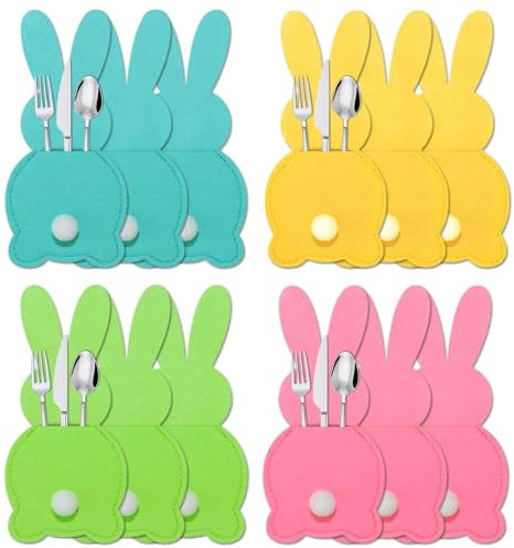 WEITAPYT Besteckhalter Filz Ostern, 12pcs Bestecktaschen Ostern, Besteckbeutel Ostern, Osterhase Filz Bestecktasche, Oster Utensilienhalter, Wiederverwendbar Hasenform Bestecktasche Tischdeko
