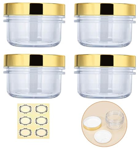 4Pcs 120ML Empty Plastic Cream Jars - Apstaqeoo Clear Cosmetic Jar With Golden Lids Refillable Sample Pots Travel Container Storage with Spoon & Labels for Toiletries, Powder, Lotion, Make-Up