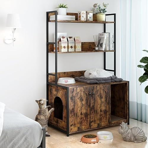 Katzenschrank mit Bücherregal, Katzenklo Schrank für Katzentoilette, Große Katzenhaus mit Tür und 3 Ebenen Regal, 89x45x132cm, Versteckte Katzenmöbel mit Separater Trennwand,Braun