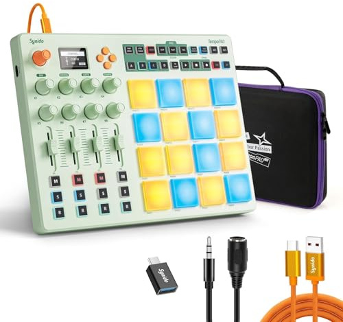 Synido Wireless MIDI Pad Controller Beat Maker Machine Pad, TempoPAD C16 | True Wireless BLE, 3000mAh Akku, Standalone-Bearbeitung, 4 Pad-Banks, 4 Steuerbanken, MIDI In/Out/Thru, 16-Schritt-Sequenzer