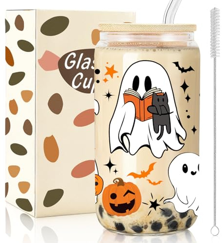 BTPIEL Ghost Cups, 16 oz Cute Halloween Cup, Glass Halloween Tumbler with Lid and Straw, Fall Iced Coffee Glass, Spooky Gifts for Women Girls