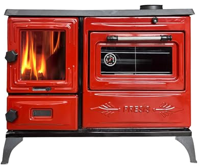 Gusseisen Dekoratives Ofenofen Kaminzubehör Integriertes Thermometer für Innen- und Außenambiente und Backen Vintage Stil Ziegel Interieur Home Accent Heizung Made in Turkiye (Rot)