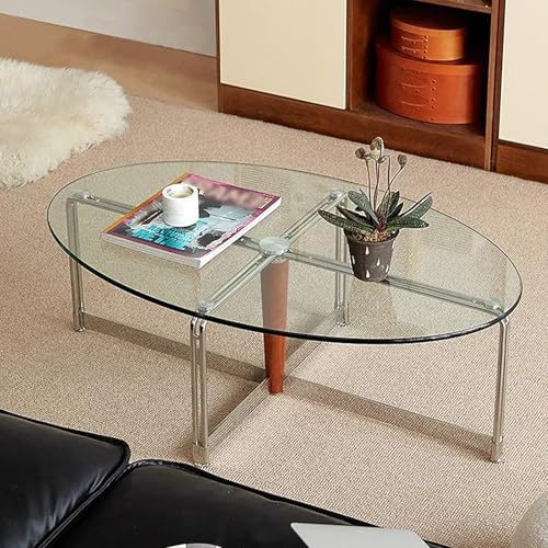 Qiydia Table Basse Ovale en Verre, Table De Cocktail Moderne du Milieu du Siècle, Table D'appoint avec Pieds en Acier, Tables Centrales Vintage pour Salon, Bureau(100x60x43cm(39x24x17), Walnut)