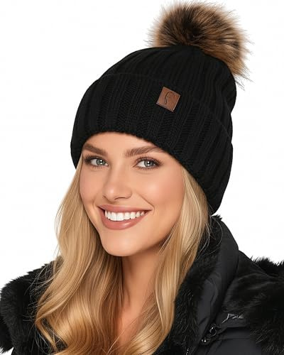 Baesics Bommelmütze Damen Herren - Wintermütze Kunstfell Bommel warm | Mit flauschigem Pompon und weichem Fleecefutter, Größe ca. 54-58 cm, Strick aus der EU. Warm für Herbst, Winter und als