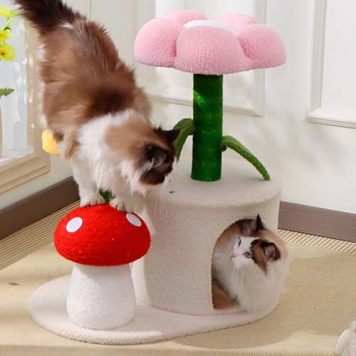 Katzen Kratzbaum,Katzenbaum Blumen Pilz Design,65 cm Katzenbaum Kletterturm,Kletterbaum Aktivitätskratzbäum mit Säulen Vollständig mit Sisal umwickelt,Katzenspielzeug,Höhle,Plattformen,Liegemulde