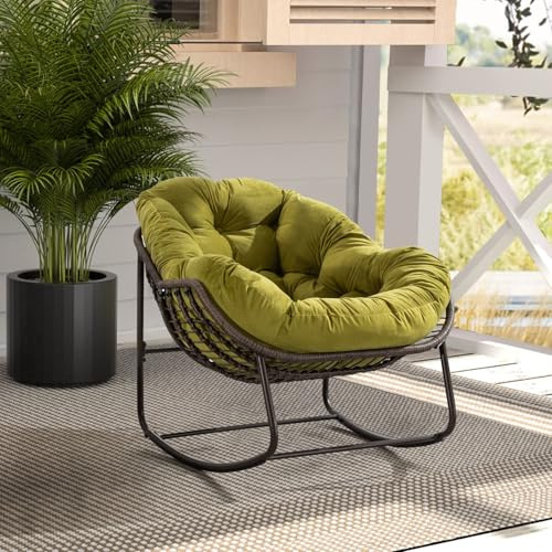 KOMHTOM Schaukelstuhl aus Rattan, für den Außenbereich, Gartensessel, Schaukelstuhl, mit Kissen, Metallstruktur, für Veranda, Wohnzimmer, Terrasse, Garten (Olive)