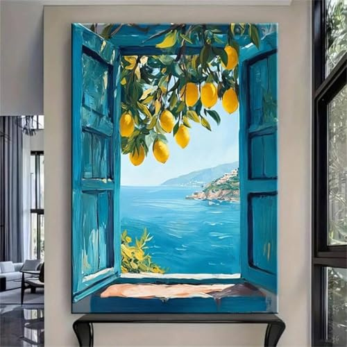 XBTYKPB Quadri da parete con vista sulla finestra del Mediterraneo, stampe su tela di alberi di limone costieri, poster sul mare, estetica blu, 60x90 cm, senza cornice