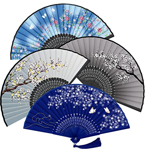 WEARXI Hand Fan Folding, 4 Pack Folding Hand held Paper Fans | Hollow Carved Bamboo Hand Fan for Wedding, Birthday Gifts, Performance, Dancing, Home Decoration