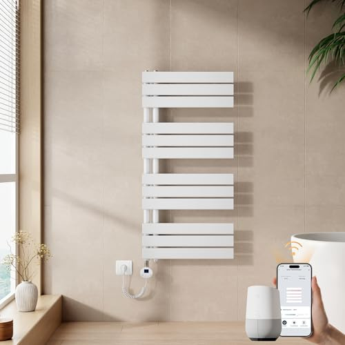 EMKE Toallero electrico baño con WiFi Termostato, 1041 x 500 mm, Blanco | Radiador Toallero Eléctrico, Resistencia Calefactora con Temporizador, Función de Memoria, 600 W