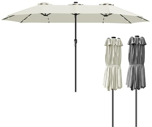 Vkechh Parasol de terrasse avec LED -Extra large - Avec manivelle - Protection UV - Sans support - Résistant au vent - Pour terrasse et jardin - Anthracite,Beige