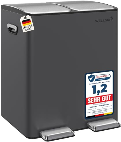 WELLGRO Mülleimer Küche 30 Liter – Edelstahl Treteimer 2x15 Liter grau mit Softclose-Deckel, Mülltrennsystem mit 2 Fächern und Kunststoff-Inneneimern