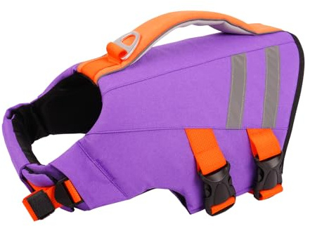 Hjyokuso Giubbotto di salvataggio per cani grande, riflettente, per nuoto, regolabile, con maniglia di salvataggio, leggero, per cani di taglia grande, viola, 2XL