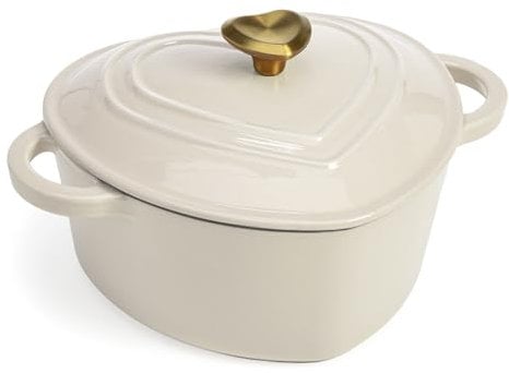 Paris Hilton Enameled Cast Iron Dutch Oven Heart-Shaped Pot with Lid, Dual Handles, Works on All Stovetops, Oven Safe to 500°F, 2-Quart, Cream