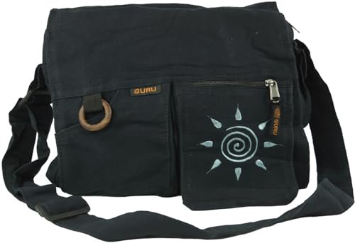 GURU SHOP Schultertasche, Hippie Tasche Sonne - Schwarz, Unisex - Erwachsene, Baumwolle, 30x35x15 cm