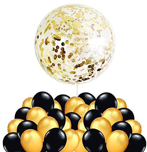 40 Luftballons Gold Schwarz Ballons + 1 Riesen Konfetti Luftballon Golden Deko Party Feier Dekoration für Geburtstag, Geburtstagsdeko