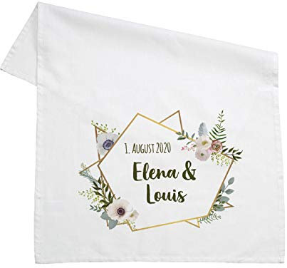 Herz & Heim® Personalisiertes Geschirrtuch 100% Baumwolle 45 x 70 cm mit Aufdruck Ihrer Wunschnamen Geometrische Form mit Blumen