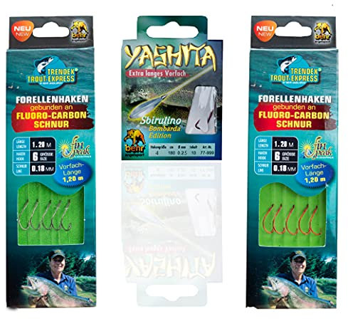 MiRoeFishing Forellen Angelhaken im Set scharfe Haken. 2x5 High Carbon gebunden an Fluoro-Carbon Schnur + 10 Sbirolino Haken.