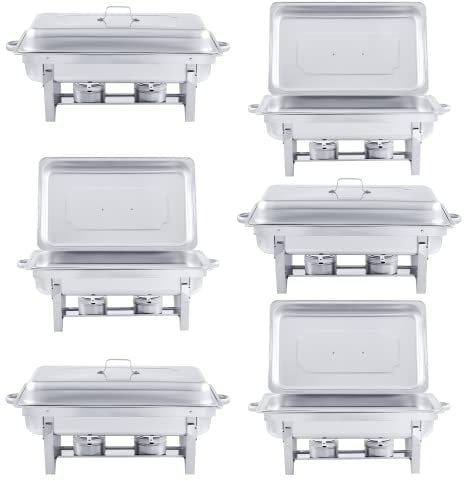 VONLUCE 6 Platos de Frotamiento 9L de Acero Inoxidable Calentador de Buffet Plegable Calentador de Comida con Bandeja de Agua, Bandeja de Comida y Tapa para Fiesta, Banquete, Bufé (6)