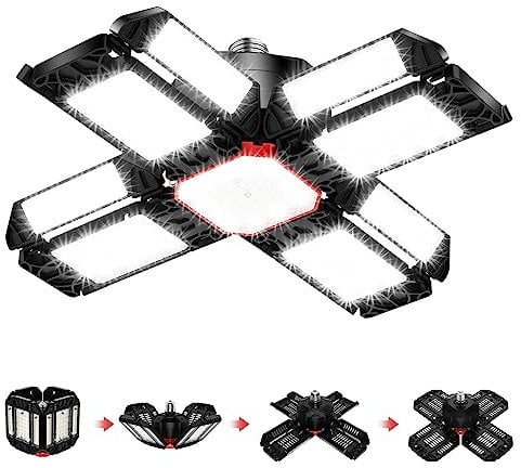 Rafow 200W LED Garage Light 1 Pack - 20000LM 6500K Deformable Ceiling Lighting Fixture with 12 Adjustable Panels - E26/E27 Bay Light for Garage | Basement | Shop | Workshop | Barn | Warehouse