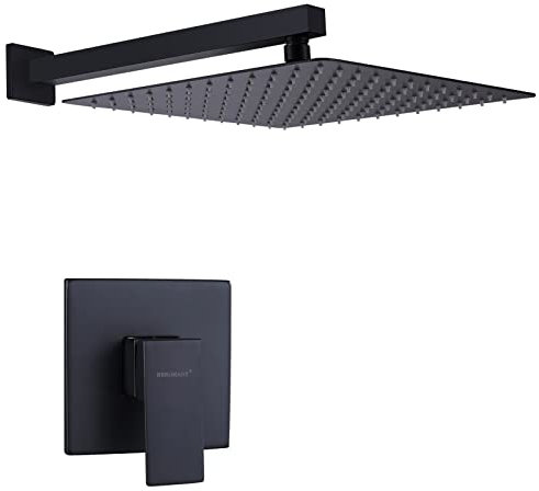 RBROHANT Schwarzes Duschkopf und Griff Set, Mattschwarzer Regenduschkopf mit Ventil-Set, 10 Zoll Überkopf-Duschkopf-Sets für Badezimmer mit rauem Ventil, Wandmontage, RB0785