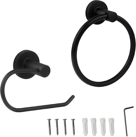 2pcs Matte Black Bathroom Hardware Hand Towel Holder and Toilet Paper Roll Holder Wall Mount Set, Metal Dish Towel Storage Closed Round Ring and Pipe Paper Open Hanger Rod Rack Kit for Farmhouse Hotel