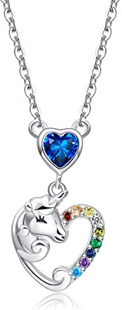 Qings Mädchen Einhorn Anhänger Halskette Silber 925 Geburtsstein Blau Saphir Kristallen Halskette Geburtstagsgeschenk mit Herz Kette Schmuck für Mädchen Frauen Tochter