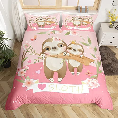 Loussiesd Süßes Faultier Bettwäsche Mädchen 135x200cm Karikatur Faultier Bettwäsche Set Kinder Jungen Botanisch Blumen Bettbezug Set Tierwelt Rosa Bettwäsche mit 1 Kissenbezug, 80x80cm