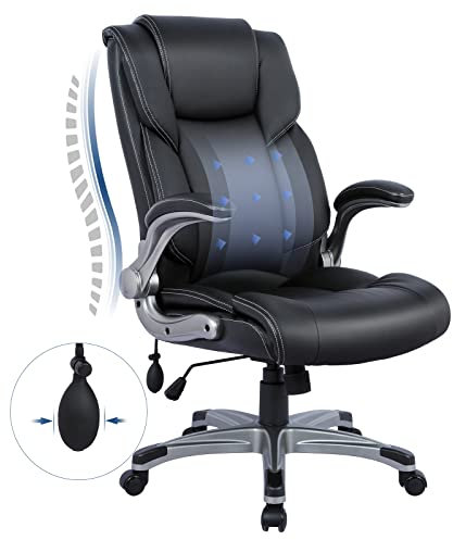 High Back Executive Office Chair- Ergonomic Home Computer Desk Leather Chair with Padded Flip-up Arms, Adjustable Tilt Lock, Swivel Rolling Chair for Adult Working Study-Black