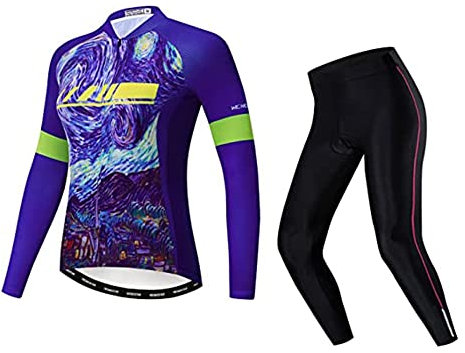 Damen-Fahrradtrikot-Set, langärmelig, reflektierend + 5D-gepolsterte lange Hose, Herbst und Winter, CF2088, Groß