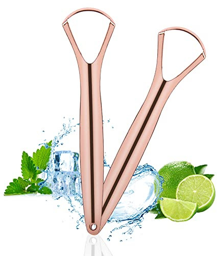 ACWOO Limpiador de Lengua, 2 Pieces Limpiador Lingual Acero Inoxidable, Raspadores de Lengua, Tongue Scraper, Raspador de Lengua Limpiador, para Reduce el Mal Aliento y Higiene Bucal (Oro Rosa)