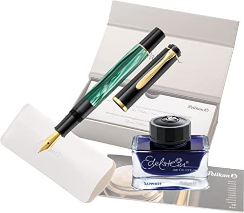 Pelikan Füllhalter Classic 200, Grün-Marmoriert, Feder M (mittel), hochwertiger Kolbenfüller im Geschenk-Etu mit Edelstein Ink Sapphire, 994103, Schwarz-grün | Geschenkset
