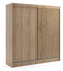 ALTDECOR Kleiderschrank mit Lamel-Schiebetüren, Führungsschienen und Aluminium- Leisten, LED-Beleuchtung und Fernbedienung - VILAN - 200 cm Sonoma Eiche + Sonoma Eiche + Lamelle Eiche Wotan