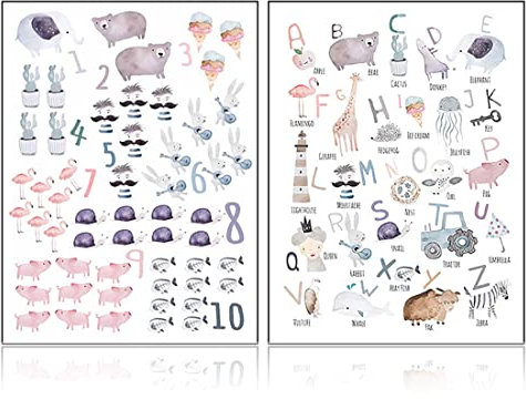 FEZ 2 Stück pädagogische Lernplakate Lernposter,ABC Poster für Kinder A4 20 * 30cm, Buchstaben Lernen Vorschule, Grundschule,Poster kinderzimmer,Zahlen 1 bis 10 Lernposter