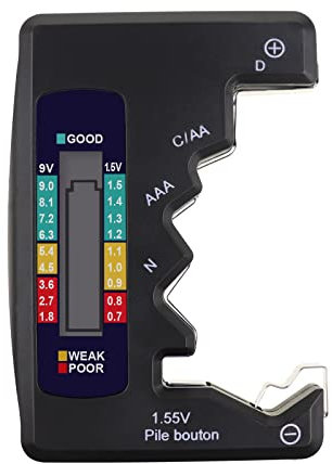 Batterietester für alle Batterien & Akkus Universal Batterietester für AAA, AA, C, 9V, D, N & 1,5V Batterie Testgerät für 1,5V und 3V Knopfzellen mit Display Schwarz