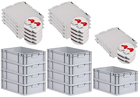 PROREGAL SuperSparSet 10x Eurobox NextGen Grip mit Scharnierdeckel und roten Schiebeschnappverschlüssen, HxBxT 17x40x60cm, 34 L, Grau, Griffe geschlossen, Eurobehälter, Transportbox